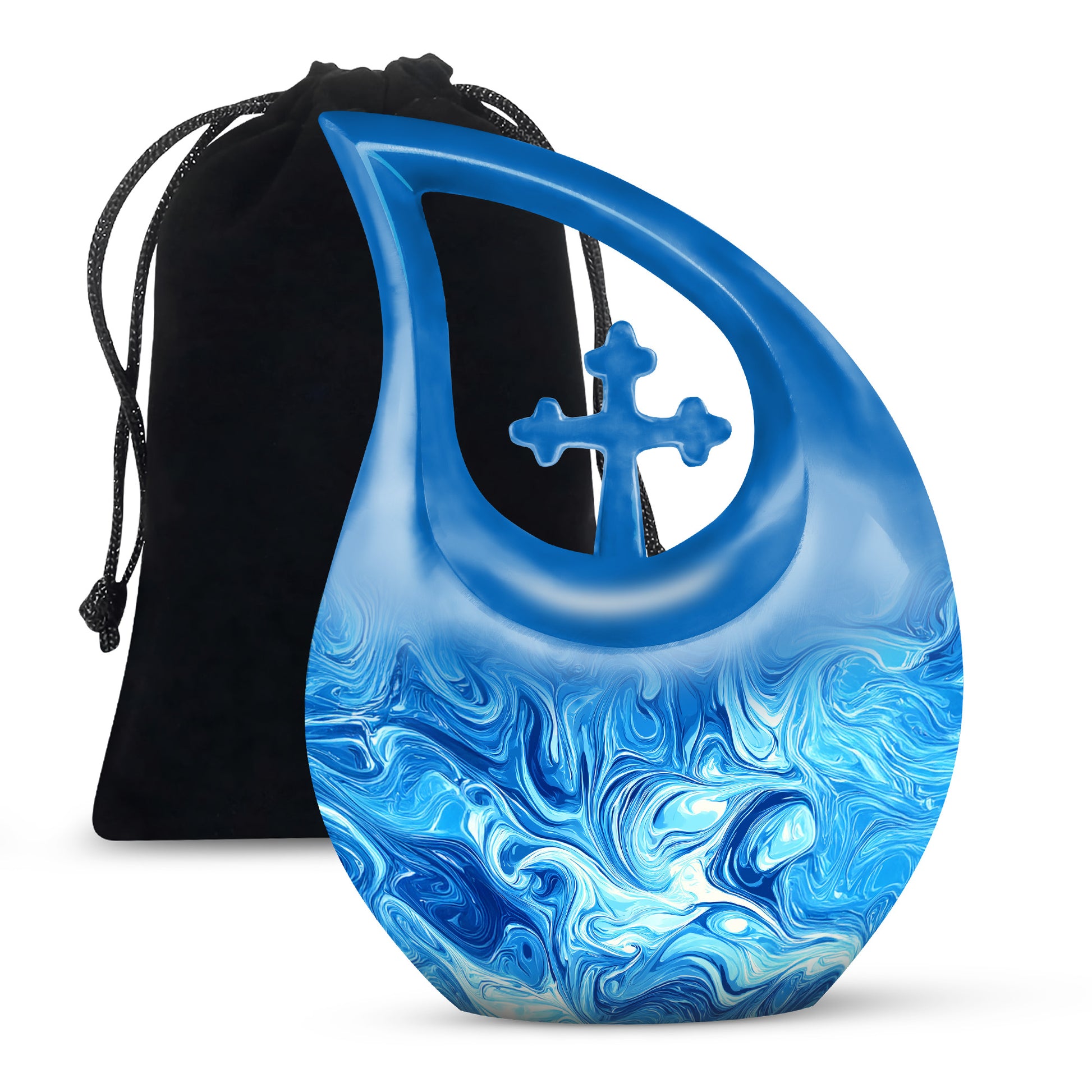 Soft Blue Blue Cremation Urn top-down view of secure threaded lid - faith-inspired cross-drop urn with blue pattern - full-size 10 inch 200 cubic inch adult cremation urn