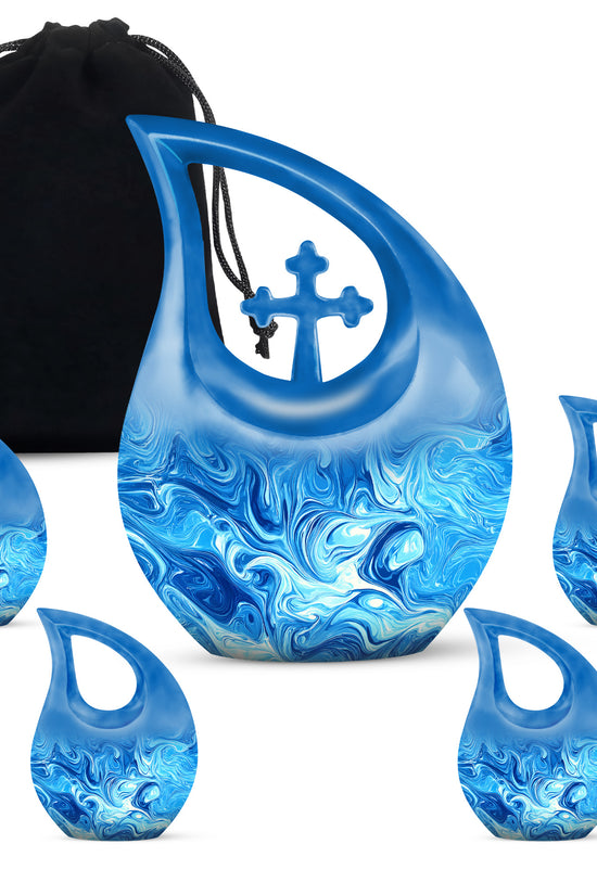 Celestial Blue Blue Cremation Urn urn with complimentary velvet bag - cross and blue combined in spiritual memorial design - memorial set with one large and four small urns