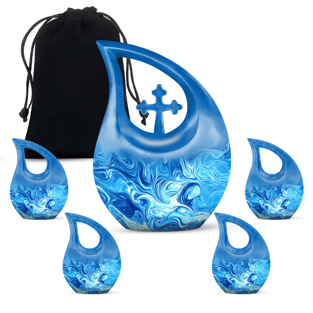 Celestial Blue Blue Cremation Urn urn with complimentary velvet bag - cross and blue combined in spiritual memorial design - memorial set with one large and four small urns