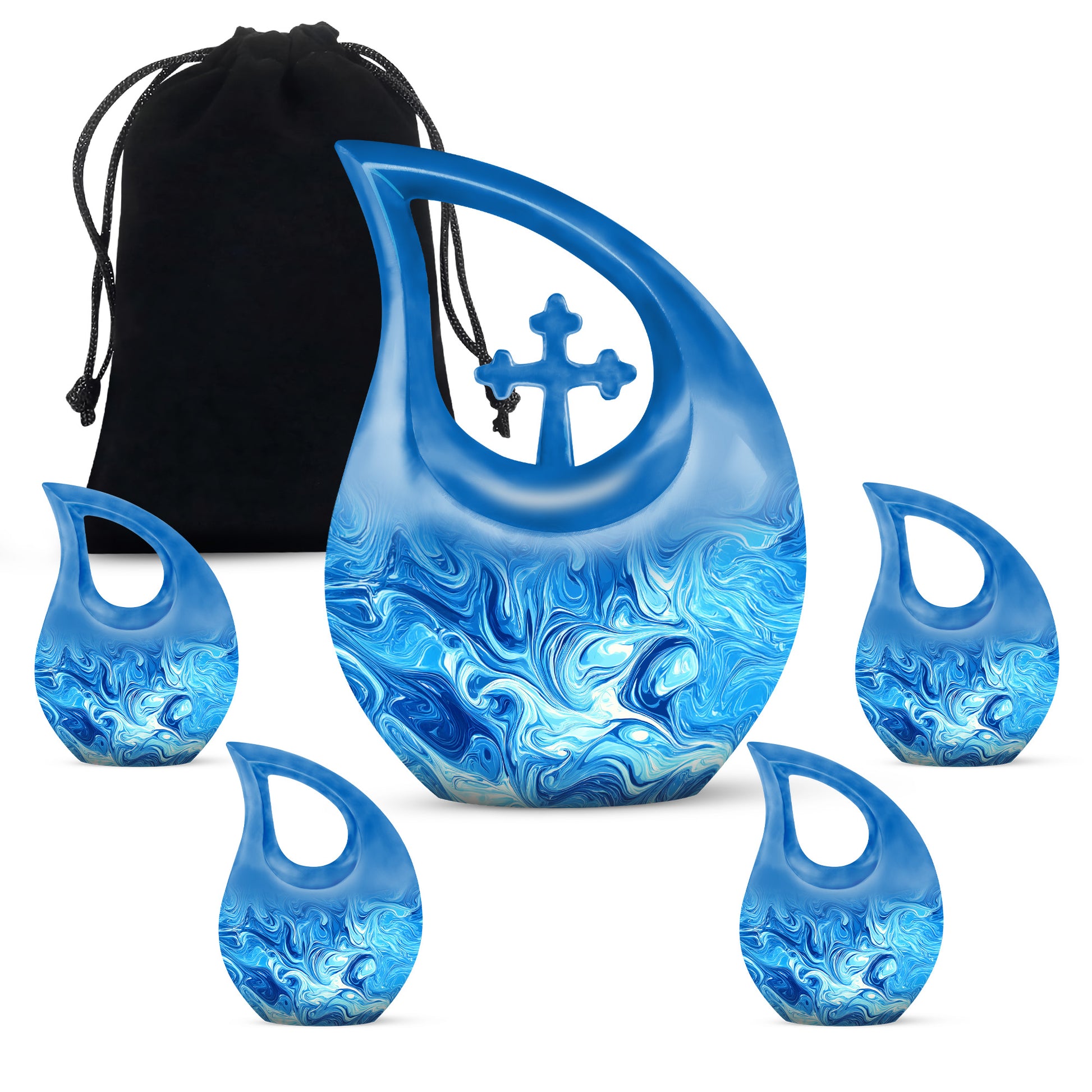 Celestial Blue Blue Cremation Urn urn with complimentary velvet bag - cross and blue combined in spiritual memorial design - memorial set with one large and four small urns
