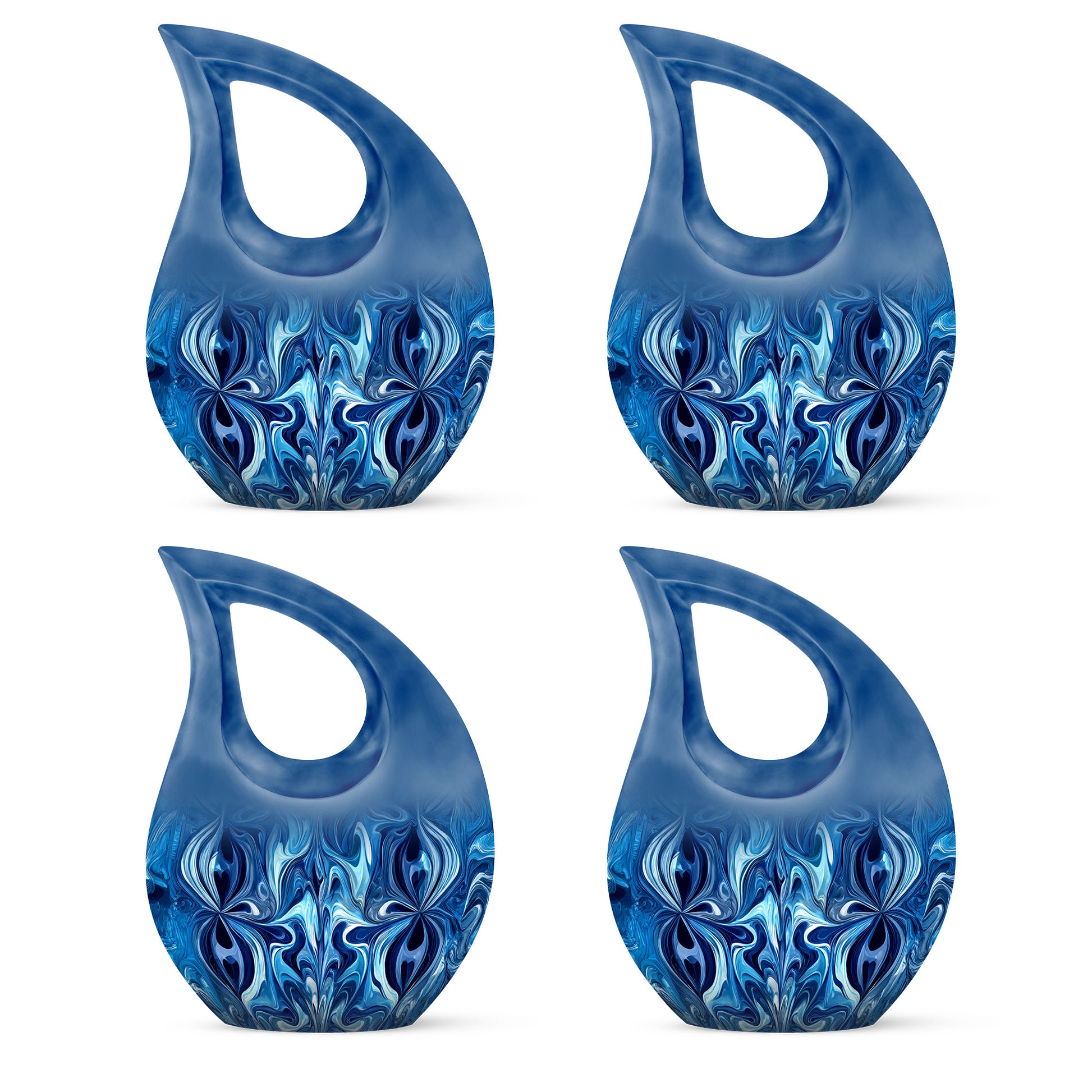 Icy Blue Blue Cremation Urn lifestyle display on memorial shelf - sacred cross merged with blue motif on metal - 10 inch aluminum urn for cremated remains