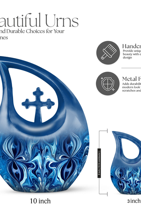 Slate Blue Blue Cremation Urn back view with polished surface - cross and blue combined in spiritual memorial design - mini keepsake memorial for portion of cremation ashes