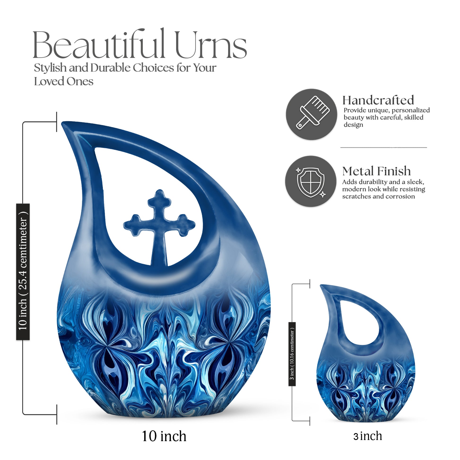 Slate Blue Blue Cremation Urn back view with polished surface - cross and blue combined in spiritual memorial design - mini keepsake memorial for portion of cremation ashes