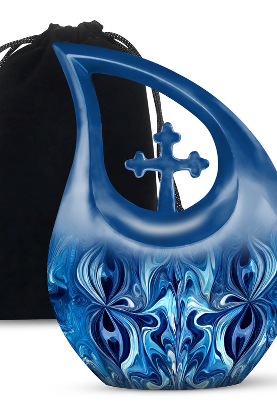 Slate Blue Blue Cremation Urn top-down view of secure threaded lid - cross and blue combined in spiritual memorial design - full-size 10 inch 200 cubic inch adult cremation urn