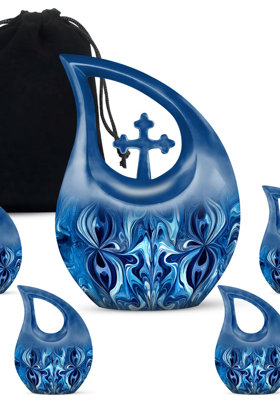 Vivid Blue Blue Cremation Urn urn with complimentary velvet bag - faith-inspired cross-drop urn with blue pattern - memorial set with one large and four small urns
