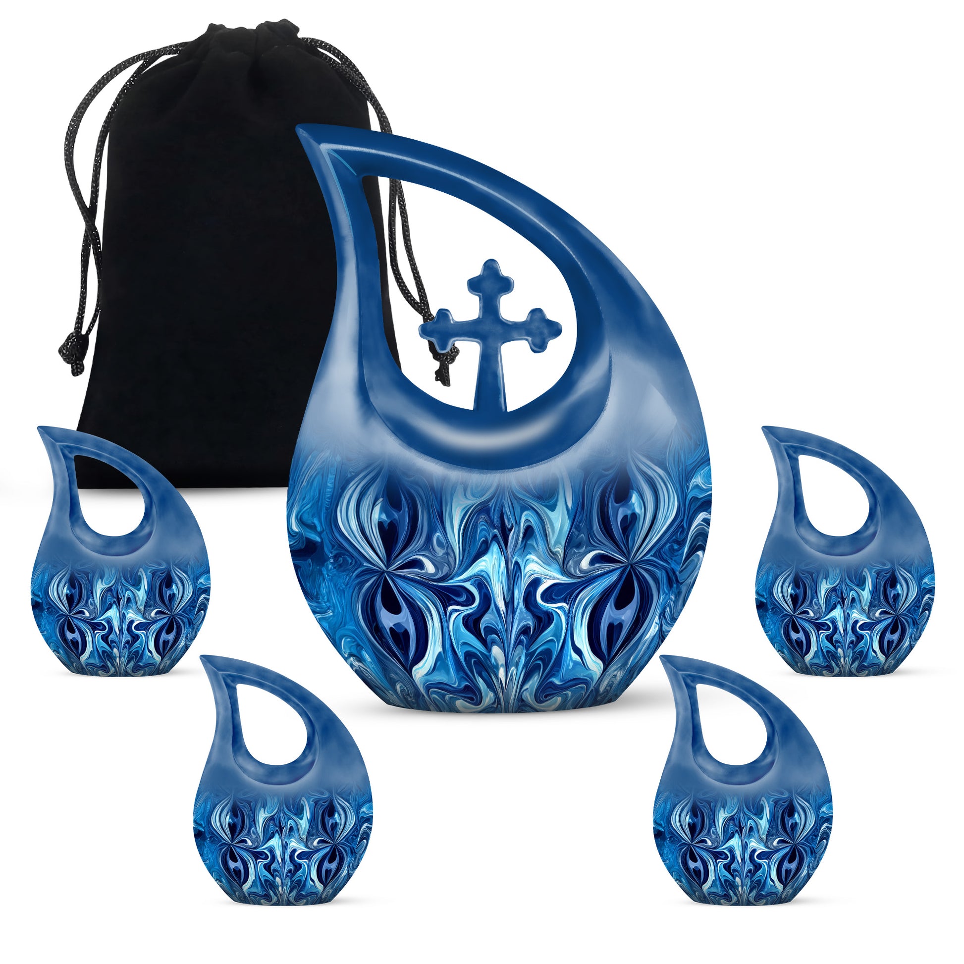Vivid Blue Blue Cremation Urn urn with complimentary velvet bag - faith-inspired cross-drop urn with blue pattern - memorial set with one large and four small urns
