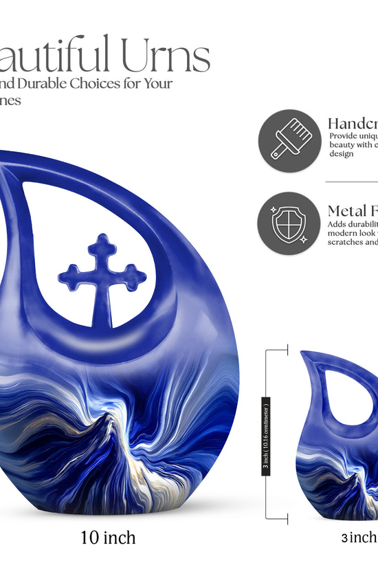 Sky Blue Blue Cremation Urn back view with polished surface - cross and blue combined in spiritual memorial design - mini keepsake memorial for portion of cremation ashes