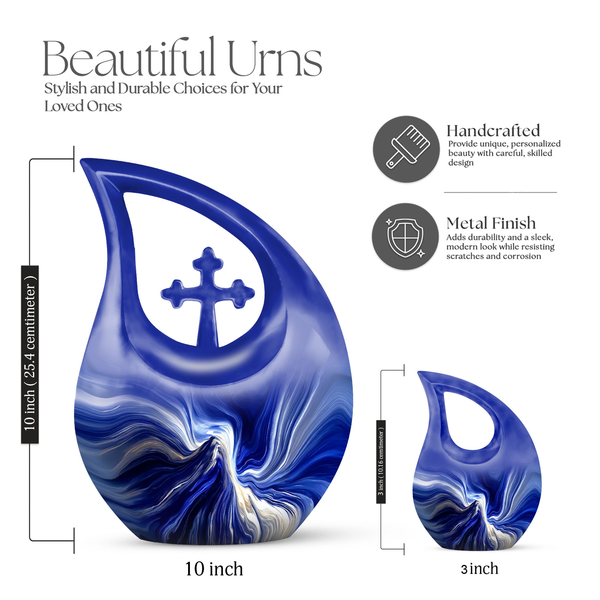 Sky Blue Blue Cremation Urn back view with polished surface - cross and blue combined in spiritual memorial design - mini keepsake memorial for portion of cremation ashes