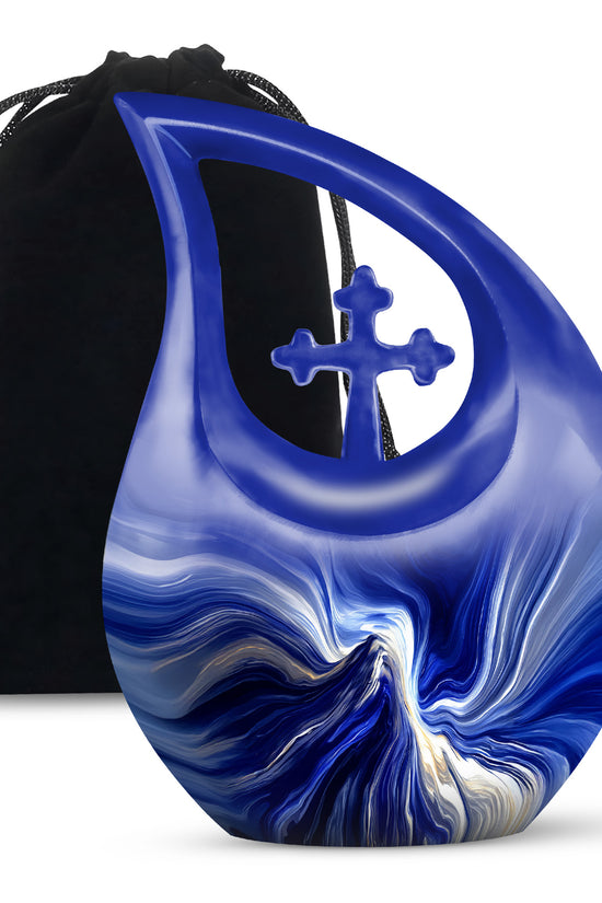 Navy Blue Blue Cremation Urn top-down view of secure threaded lid - sacred cross merged with blue motif on metal - full-size 10 inch 200 cubic inch adult cremation urn