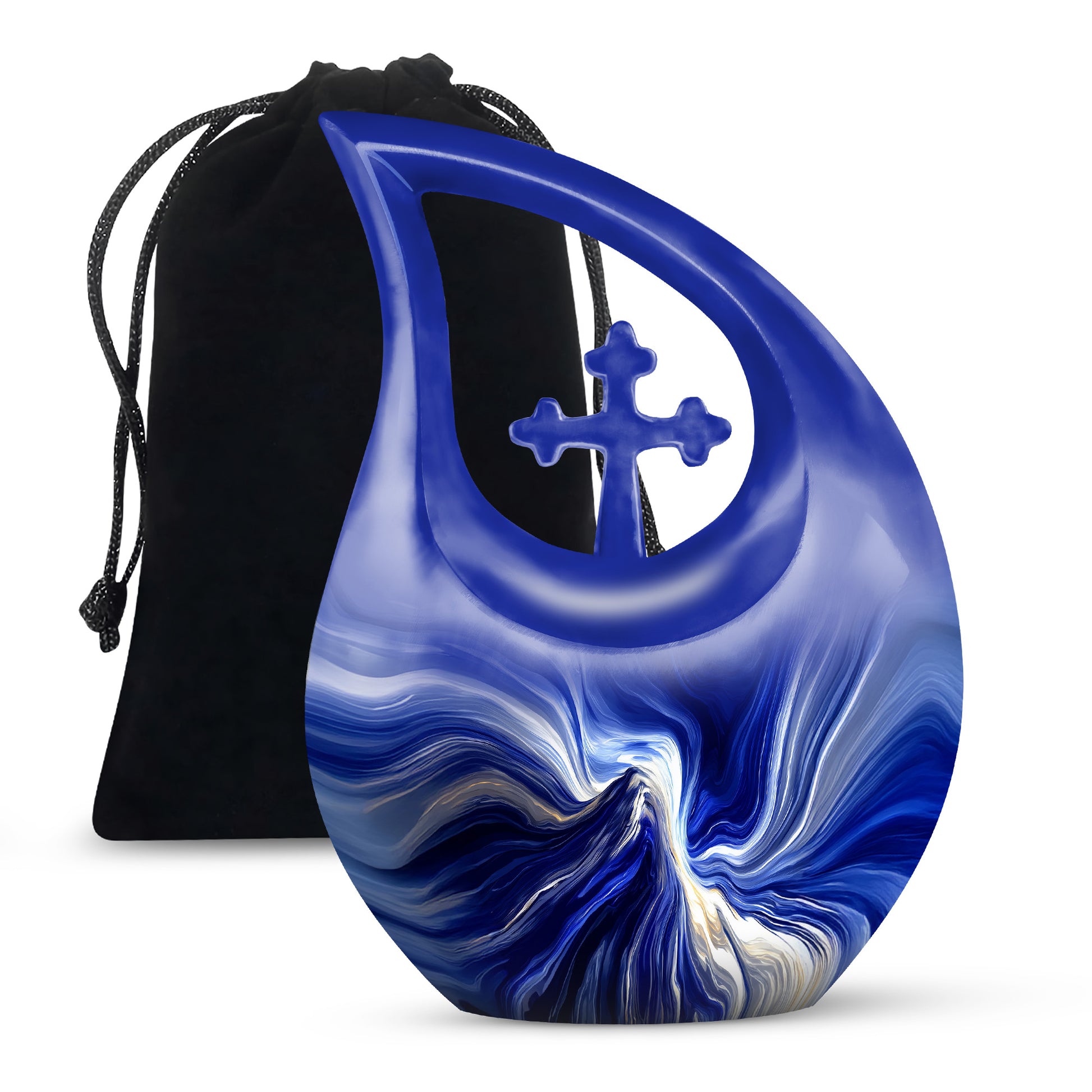 Navy Blue Blue Cremation Urn top-down view of secure threaded lid - sacred cross merged with blue motif on metal - full-size 10 inch 200 cubic inch adult cremation urn