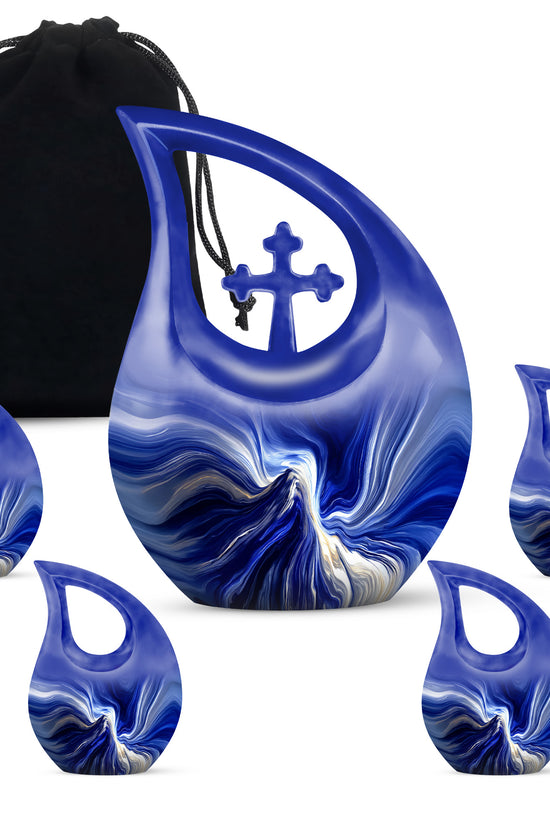 Steel Blue Blue Cremation Urn urn with complimentary velvet bag - devotional cross-drop blue engraving - memorial set with one large and four small urns