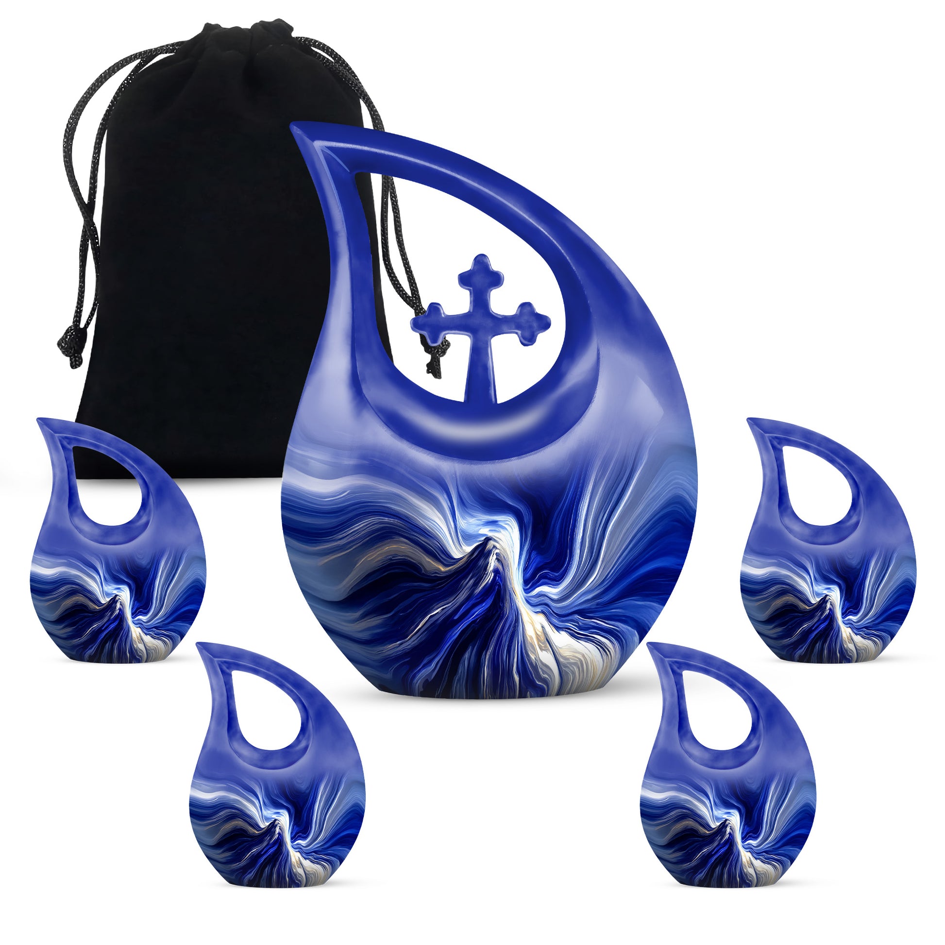 Steel Blue Blue Cremation Urn urn with complimentary velvet bag - devotional cross-drop blue engraving - memorial set with one large and four small urns