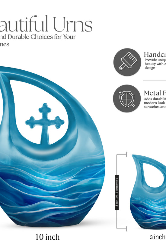 Azure Blue Cremation Urn back view with polished surface - sacred cross merged with blue motif on metal - mini keepsake memorial for portion of cremation ashes