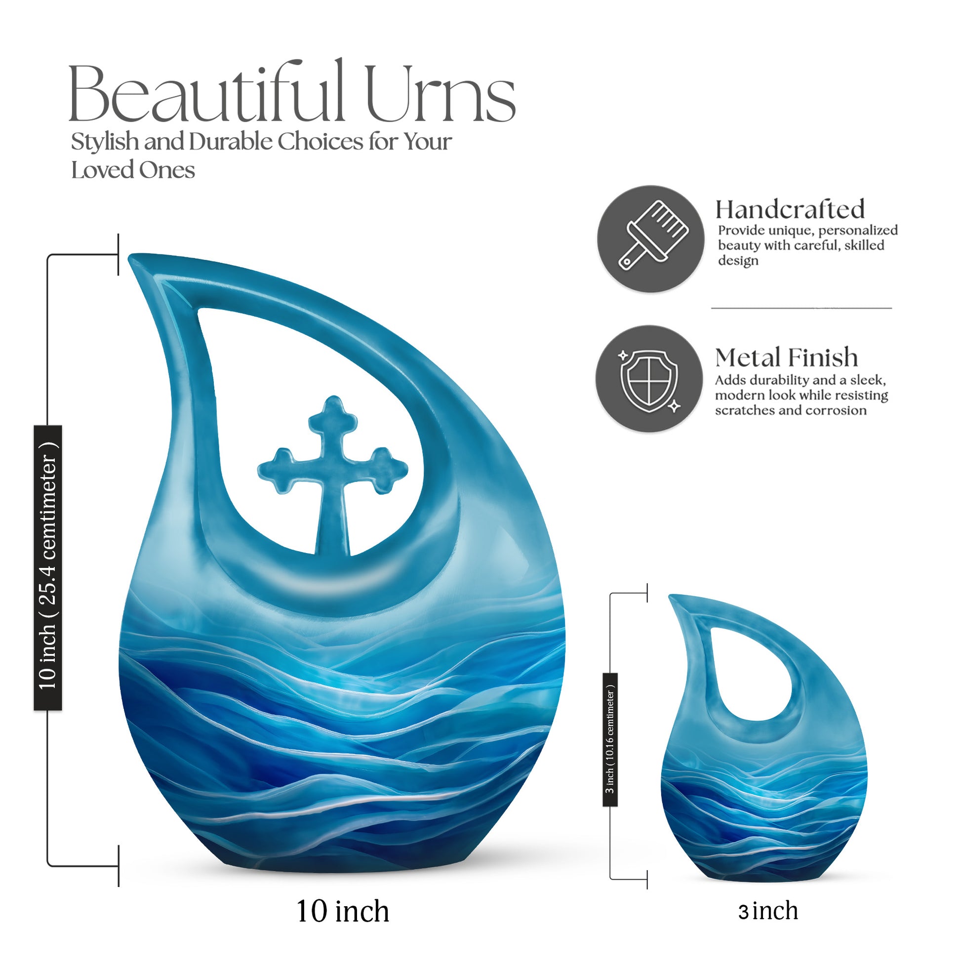 Azure Blue Cremation Urn back view with polished surface - sacred cross merged with blue motif on metal - mini keepsake memorial for portion of cremation ashes