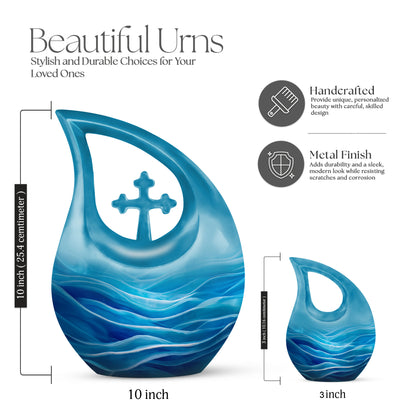 Azure Blue Cremation Urn back view with polished surface - sacred cross merged with blue motif on metal - mini keepsake memorial for portion of cremation ashes