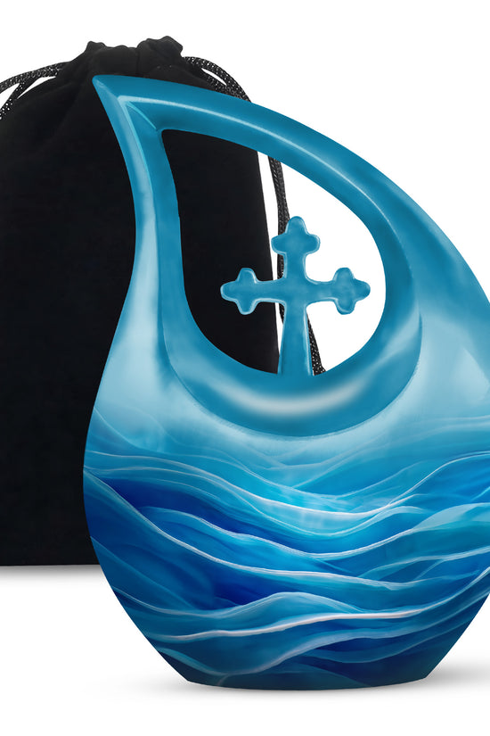 Dusty Blue Blue Cremation Urn top-down view of secure threaded lid - sacred cross merged with blue motif on metal - full-size 10 inch 200 cubic inch adult cremation urn