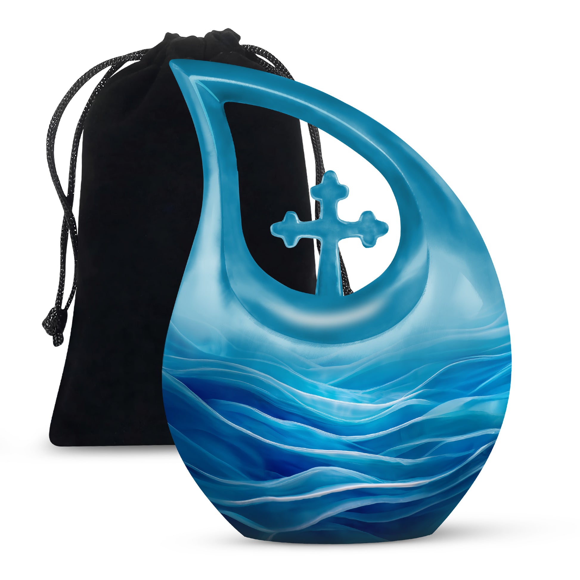 Dusty Blue Blue Cremation Urn top-down view of secure threaded lid - sacred cross merged with blue motif on metal - full-size 10 inch 200 cubic inch adult cremation urn