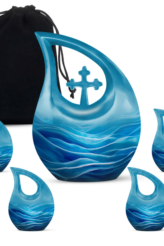 Celestial Blue Blue Cremation Urn urn with complimentary velvet bag - cross and blue combined in spiritual memorial design - memorial set with one large and four small urns