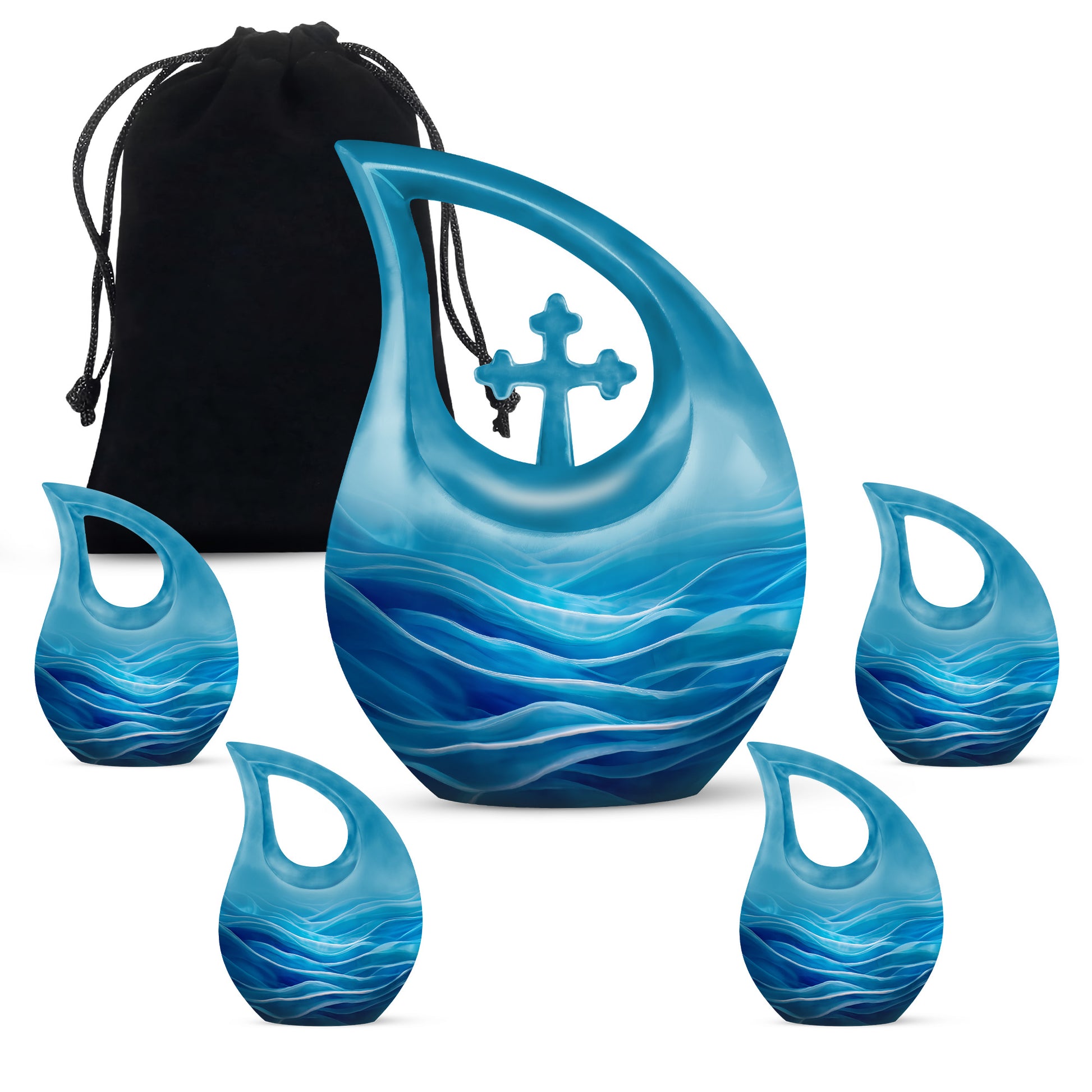 Celestial Blue Blue Cremation Urn urn with complimentary velvet bag - cross and blue combined in spiritual memorial design - memorial set with one large and four small urns