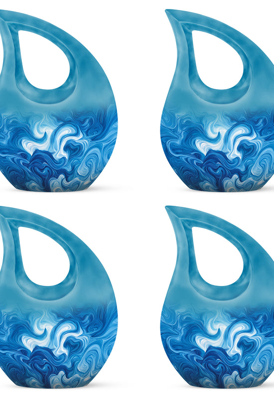 Sapphire Blue Blue Cremation Urn lifestyle display on memorial shelf - devotional cross-drop blue engraving - 10 inch aluminum urn for cremated remains