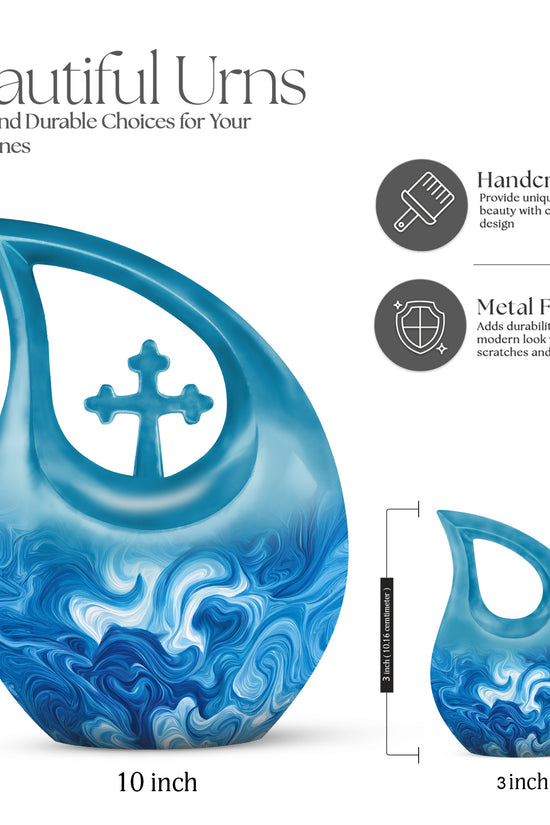 Twilight Blue Blue Cremation Urn back view with polished surface - devotional cross-drop blue engraving - mini keepsake memorial for portion of cremation ashes