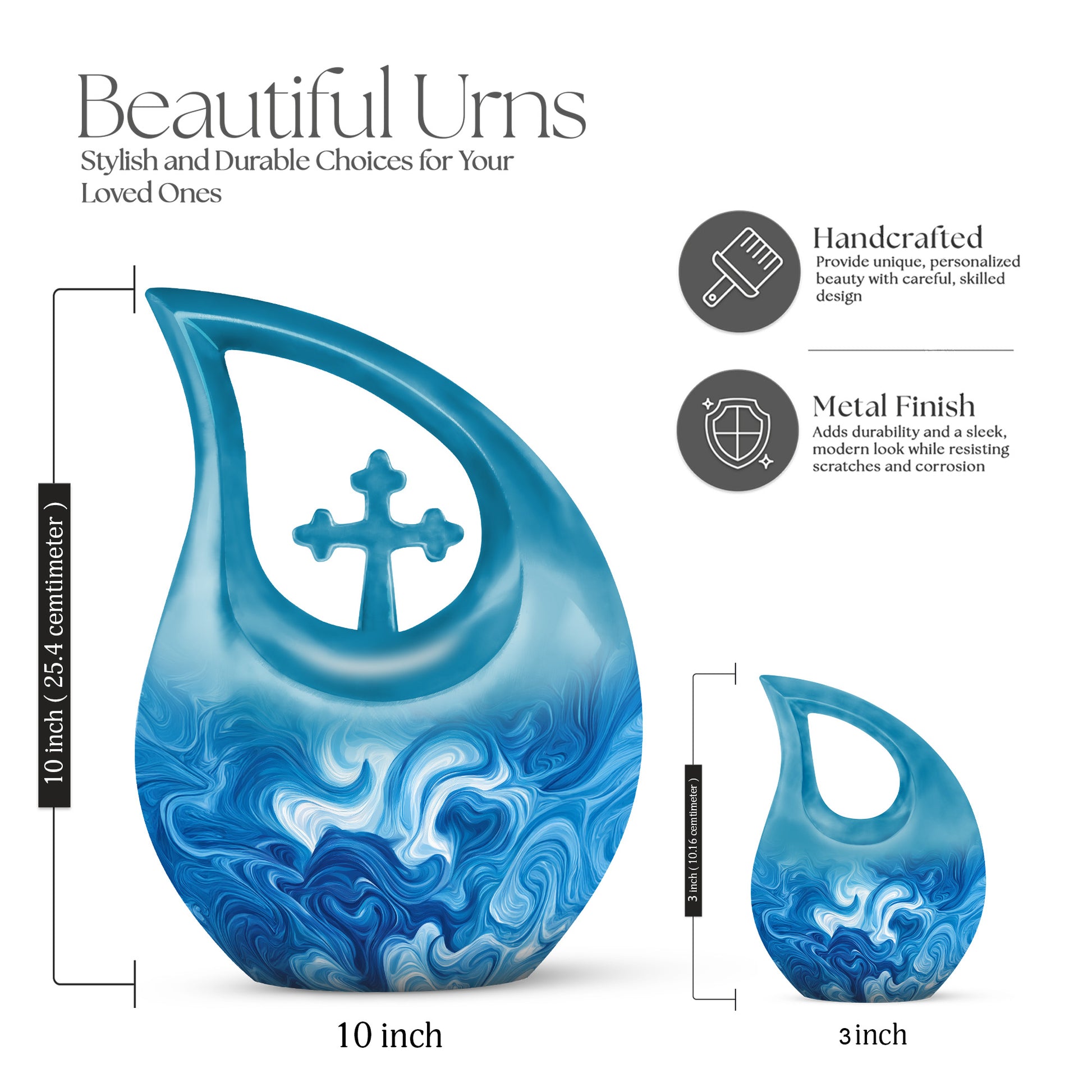 Twilight Blue Blue Cremation Urn back view with polished surface - devotional cross-drop blue engraving - mini keepsake memorial for portion of cremation ashes