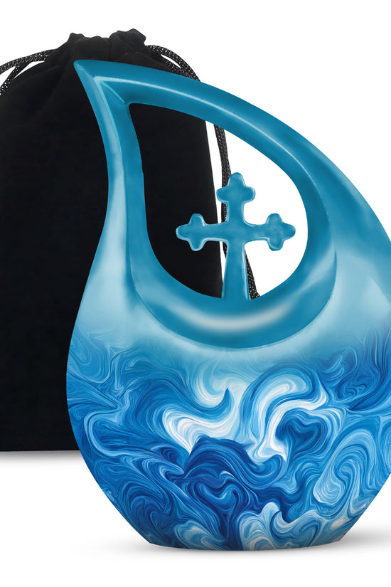 Dusty Blue Blue Cremation Urn top-down view of secure threaded lid - sacred cross merged with blue motif on metal - full-size 10 inch 200 cubic inch adult cremation urn