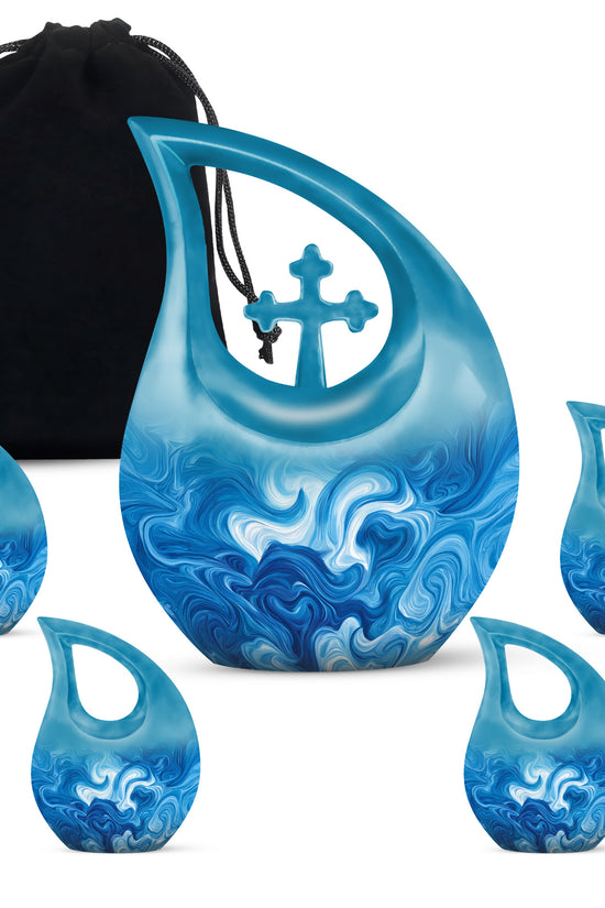 Soft Blue Blue Cremation Urn urn with complimentary velvet bag - devotional cross-drop blue engraving - memorial set with one large and four small urns