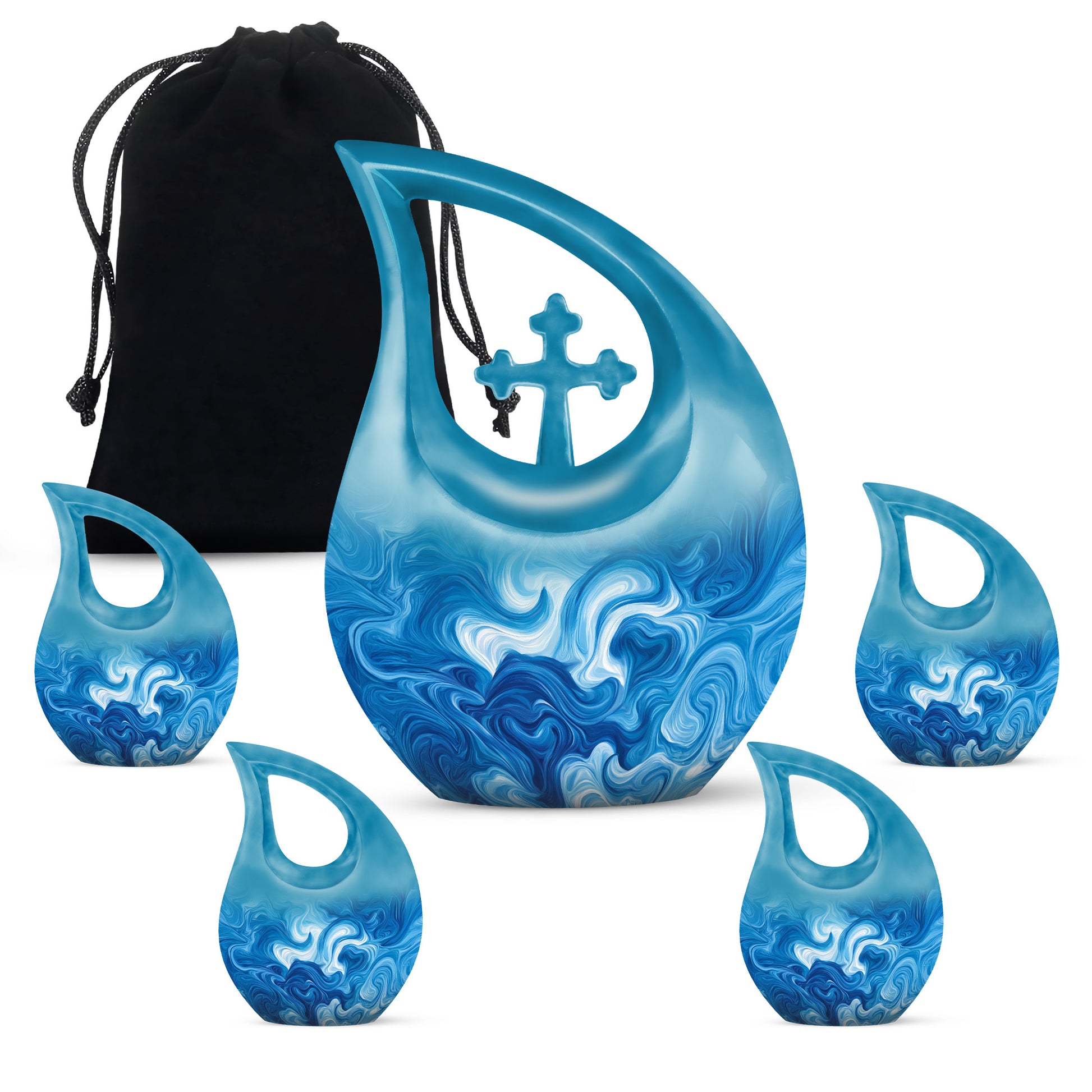 Soft Blue Blue Cremation Urn urn with complimentary velvet bag - devotional cross-drop blue engraving - memorial set with one large and four small urns