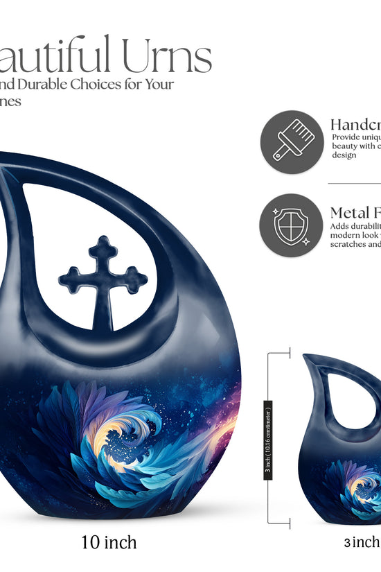 Powder Blue Blue Cremation Urn back view with polished surface - sacred cross merged with blue motif on metal - mini keepsake memorial for portion of cremation ashes