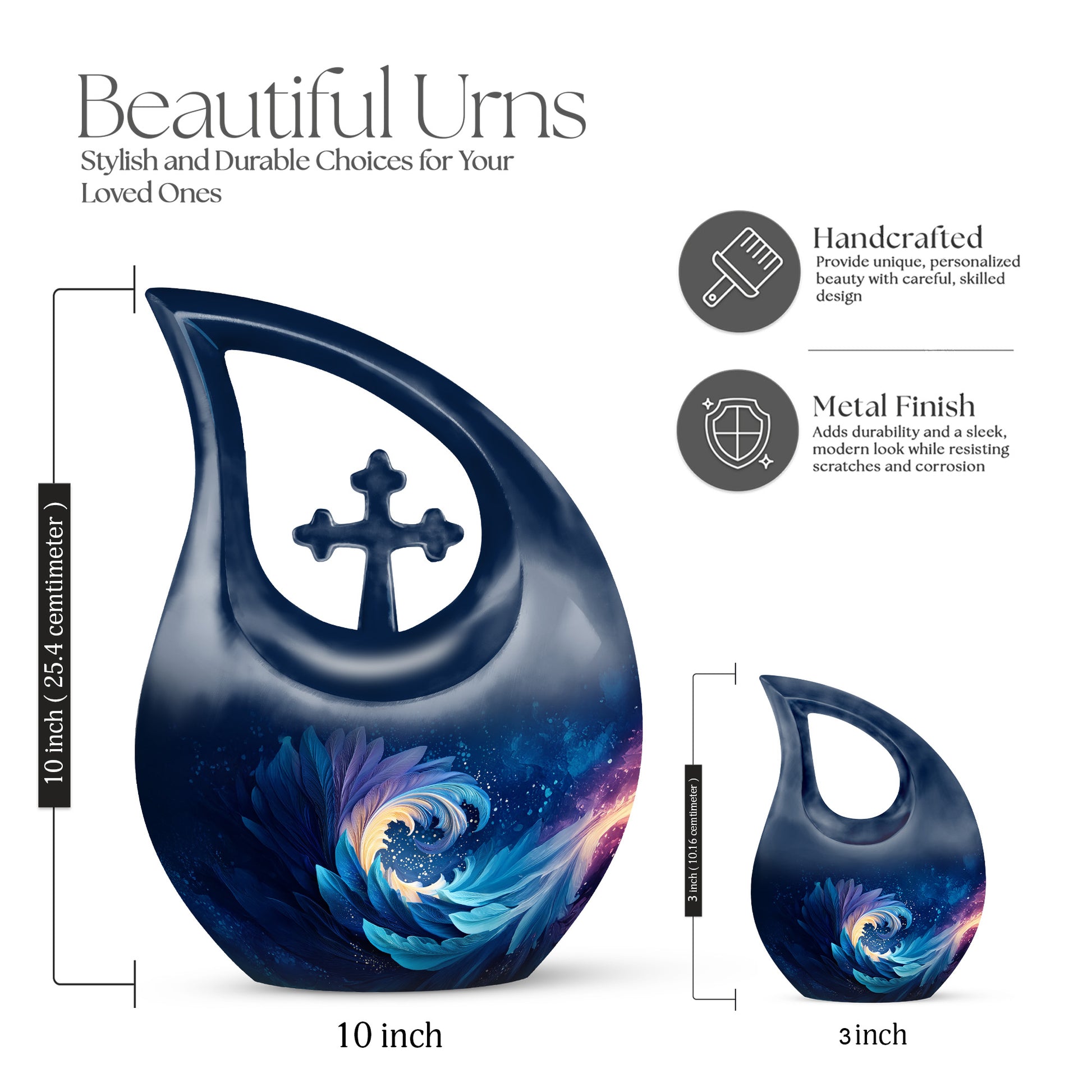 Powder Blue Blue Cremation Urn back view with polished surface - sacred cross merged with blue motif on metal - mini keepsake memorial for portion of cremation ashes