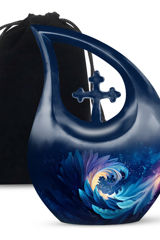 Dusty Blue Blue Cremation Urn top-down view of secure threaded lid - cross and blue combined in spiritual memorial design - full-size 10 inch 200 cubic inch adult cremation urn
