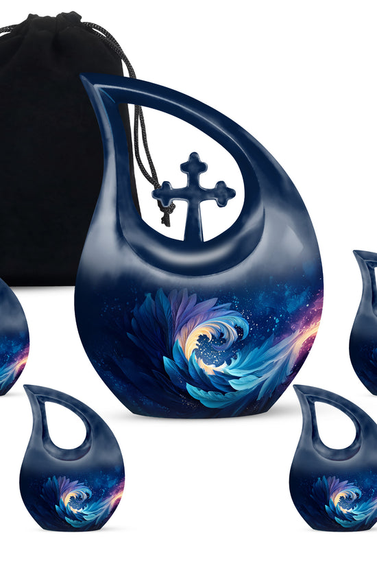Sky Blue Blue Cremation Urn urn with complimentary velvet bag - cross and blue combined in spiritual memorial design - memorial set with one large and four small urns