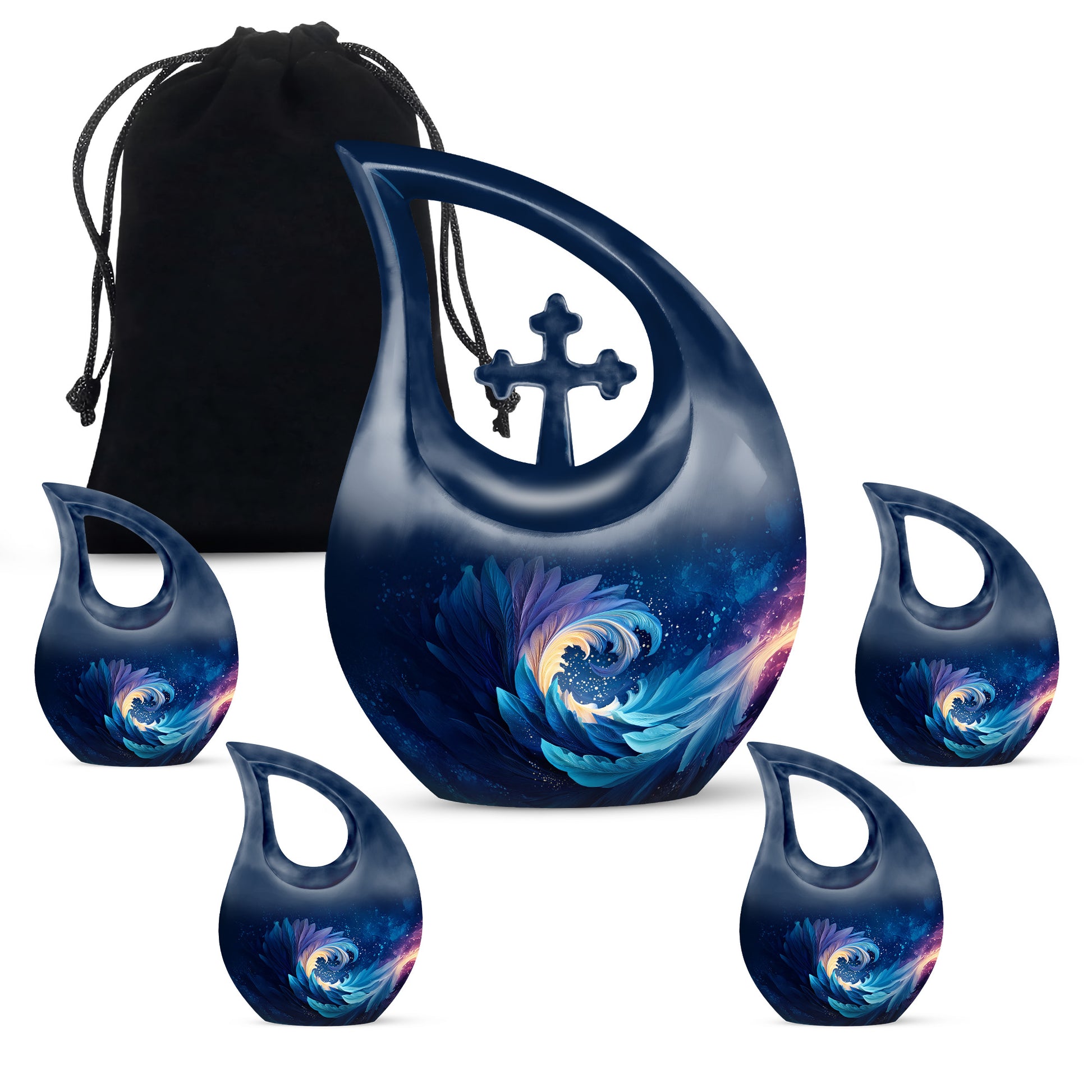 Sky Blue Blue Cremation Urn urn with complimentary velvet bag - cross and blue combined in spiritual memorial design - memorial set with one large and four small urns
