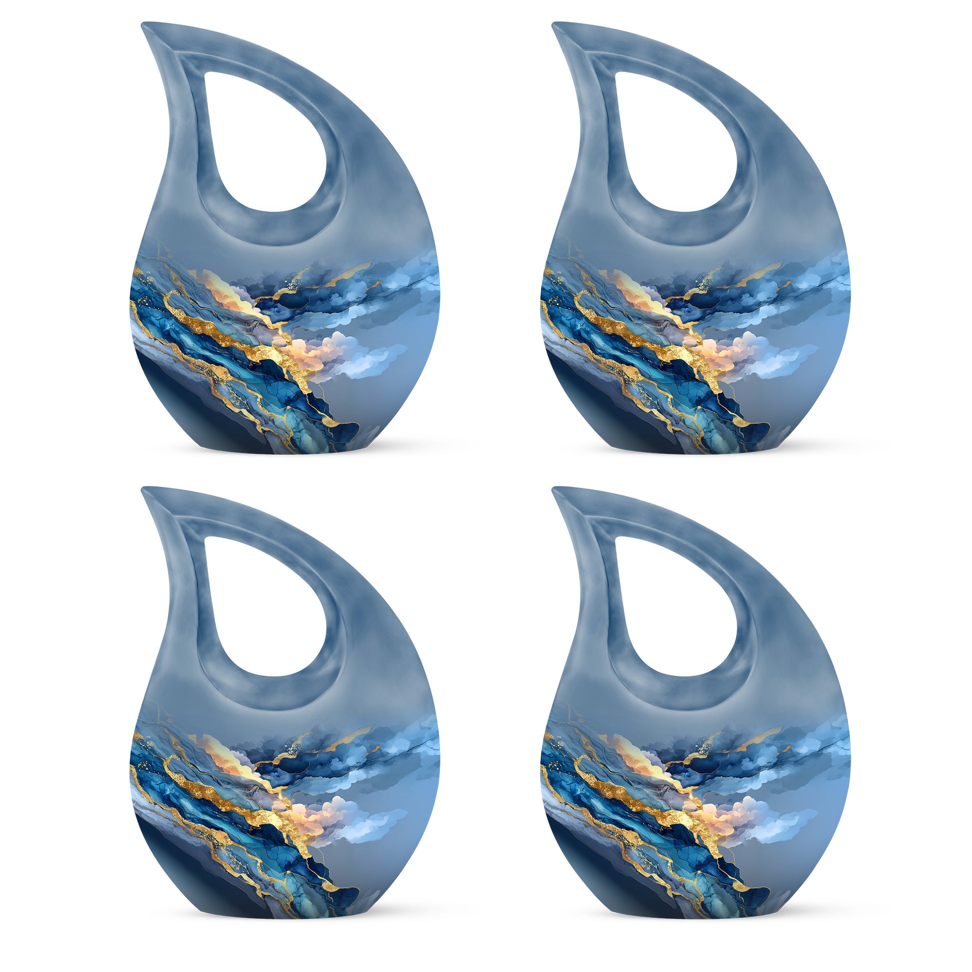 Misty Blue Blue Cremation Urn lifestyle display on memorial shelf - cross and blue combined in spiritual memorial design - 10 inch aluminum urn for cremated remains