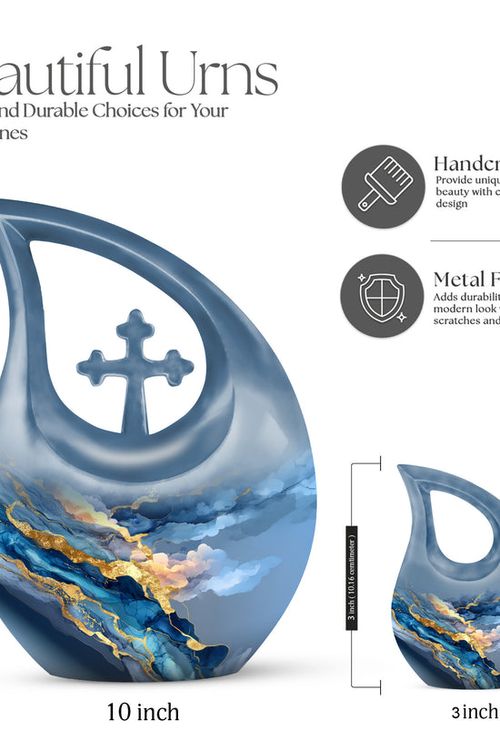Bright Blue Blue Cremation Urn back view with polished surface - devotional cross-drop blue engraving - mini keepsake memorial for portion of cremation ashes