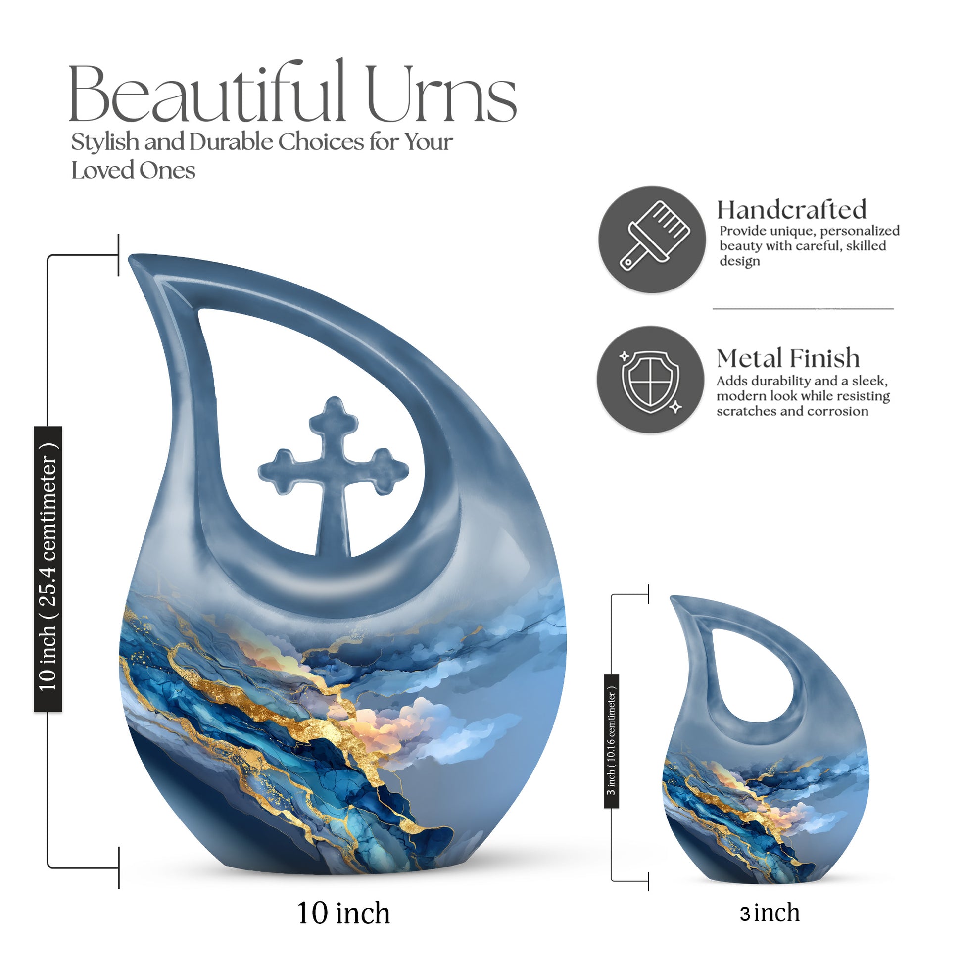 Bright Blue Blue Cremation Urn back view with polished surface - devotional cross-drop blue engraving - mini keepsake memorial for portion of cremation ashes