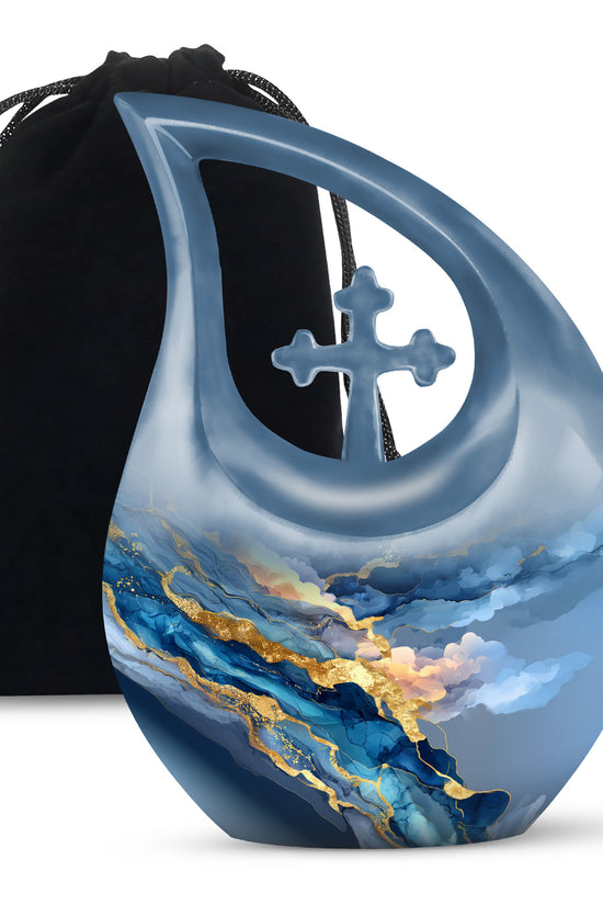 Serene Blue Blue Cremation Urn top-down view of secure threaded lid - devotional cross-drop blue engraving - full-size 10 inch 200 cubic inch adult cremation urn