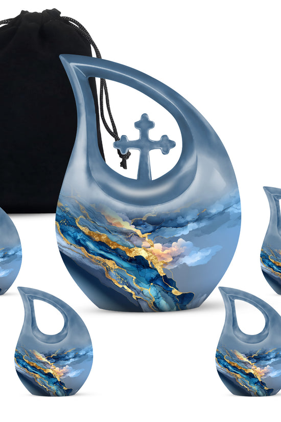 Azure Blue Cremation Urn urn with complimentary velvet bag - sacred cross merged with blue motif on metal - memorial set with one large and four small urns