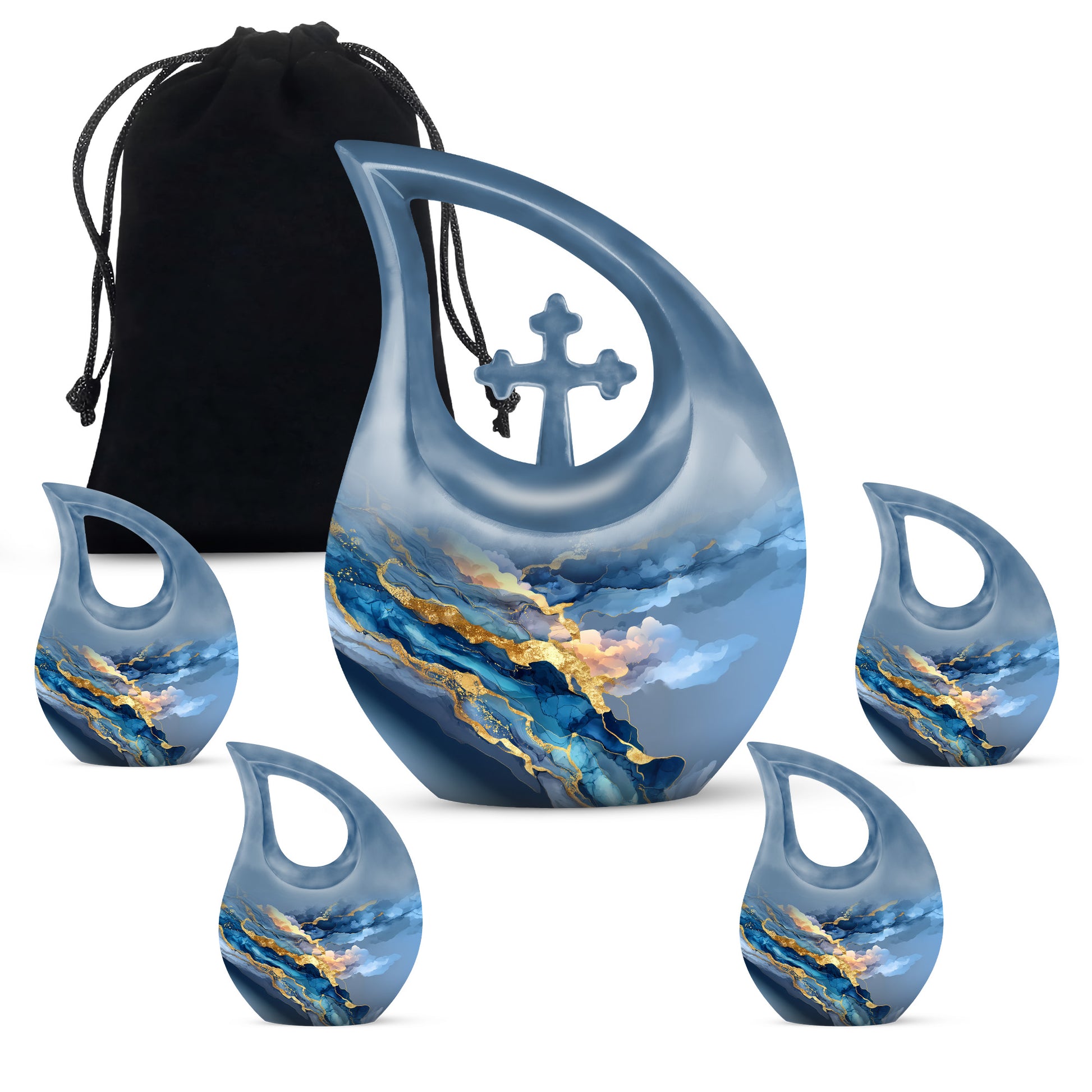 Azure Blue Cremation Urn urn with complimentary velvet bag - sacred cross merged with blue motif on metal - memorial set with one large and four small urns