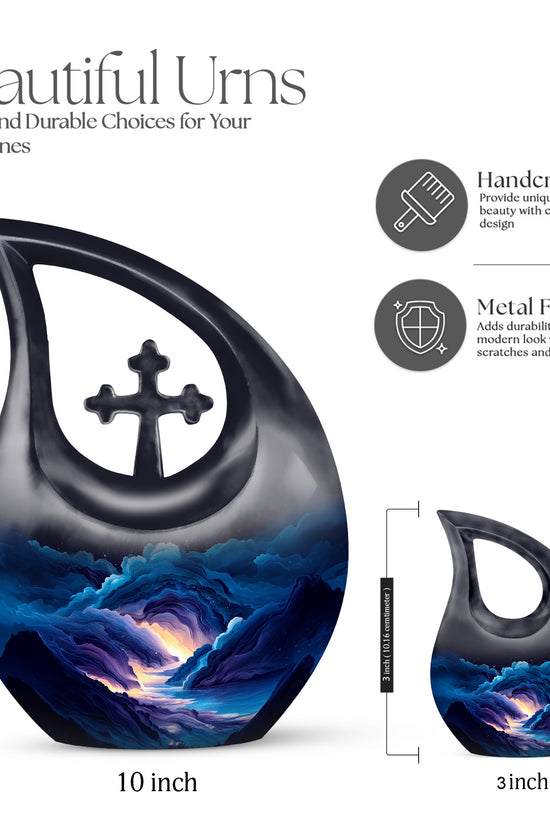 Cobalt Blue Blue Cremation Urn back view with polished surface - faith-inspired cross-drop urn with blue pattern - mini keepsake memorial for portion of cremation ashes