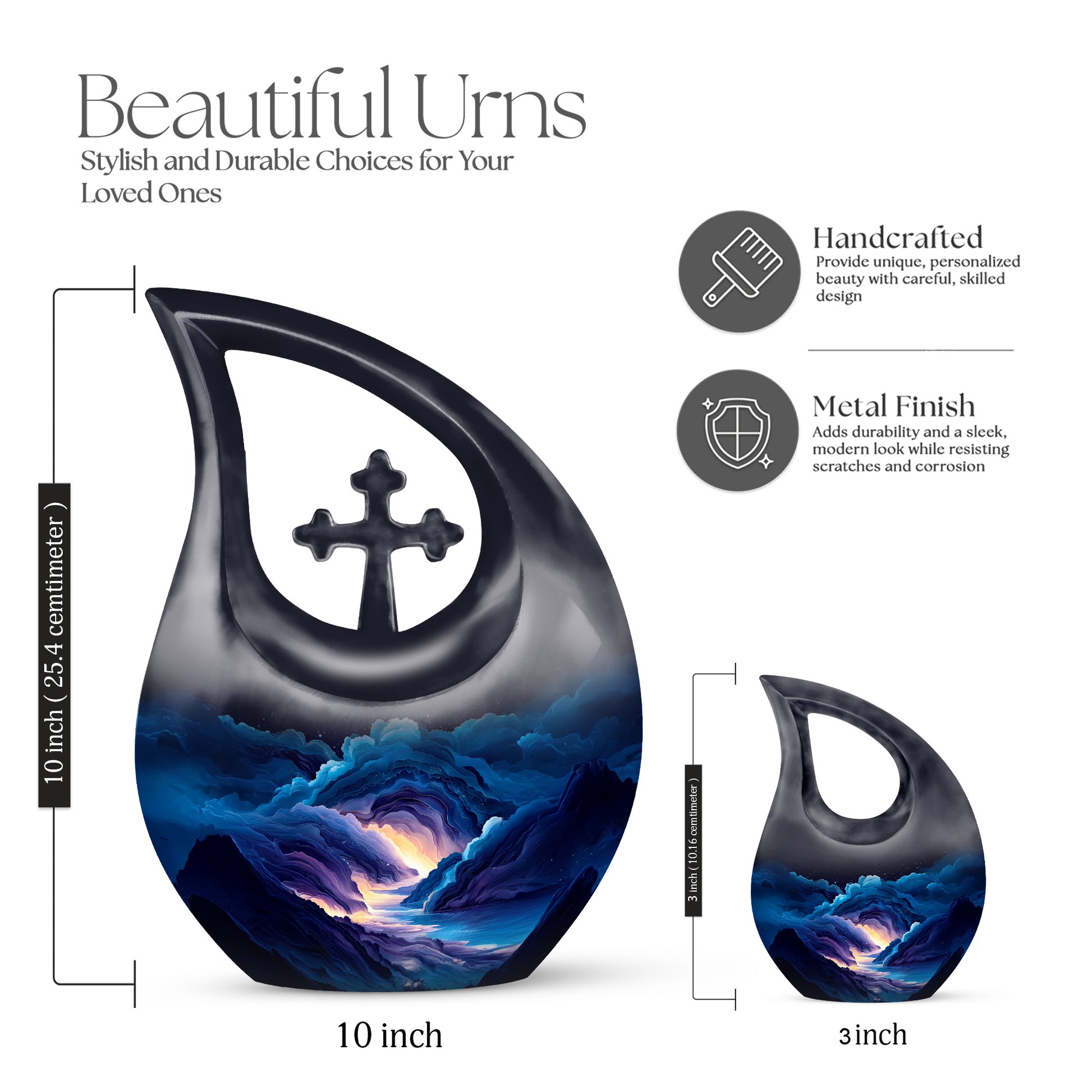 Cobalt Blue Blue Cremation Urn back view with polished surface - faith-inspired cross-drop urn with blue pattern - mini keepsake memorial for portion of cremation ashes