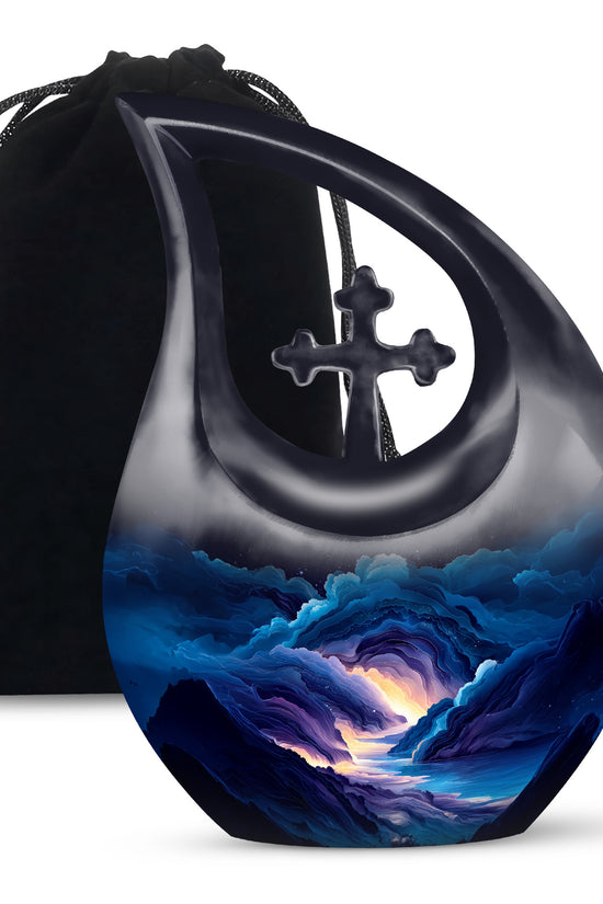 Sky Blue Blue Cremation Urn top-down view of secure threaded lid - cross and blue combined in spiritual memorial design - full-size 10 inch 200 cubic inch adult cremation urn
