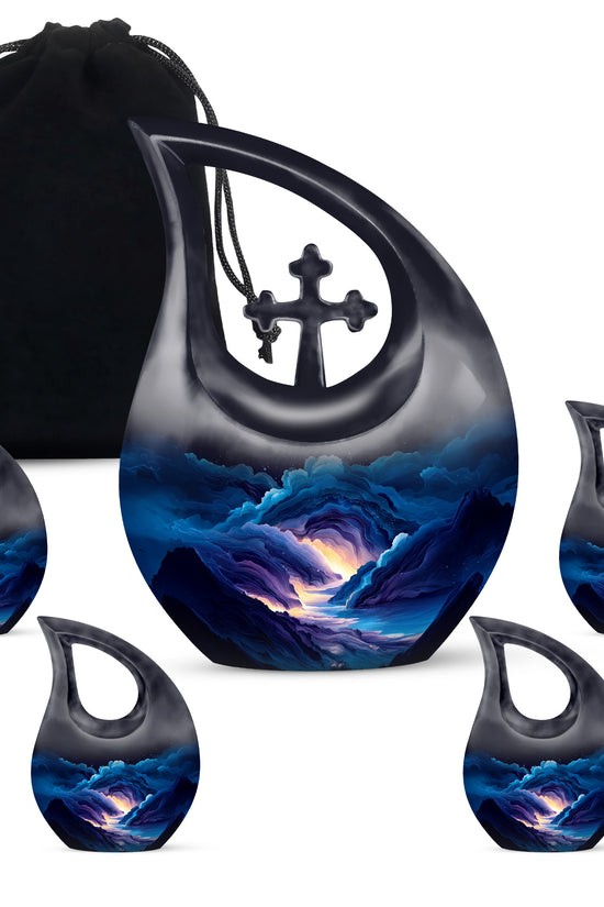 Pastel Blue Blue Cremation Urn urn with complimentary velvet bag - sacred cross merged with blue motif on metal - memorial set with one large and four small urns