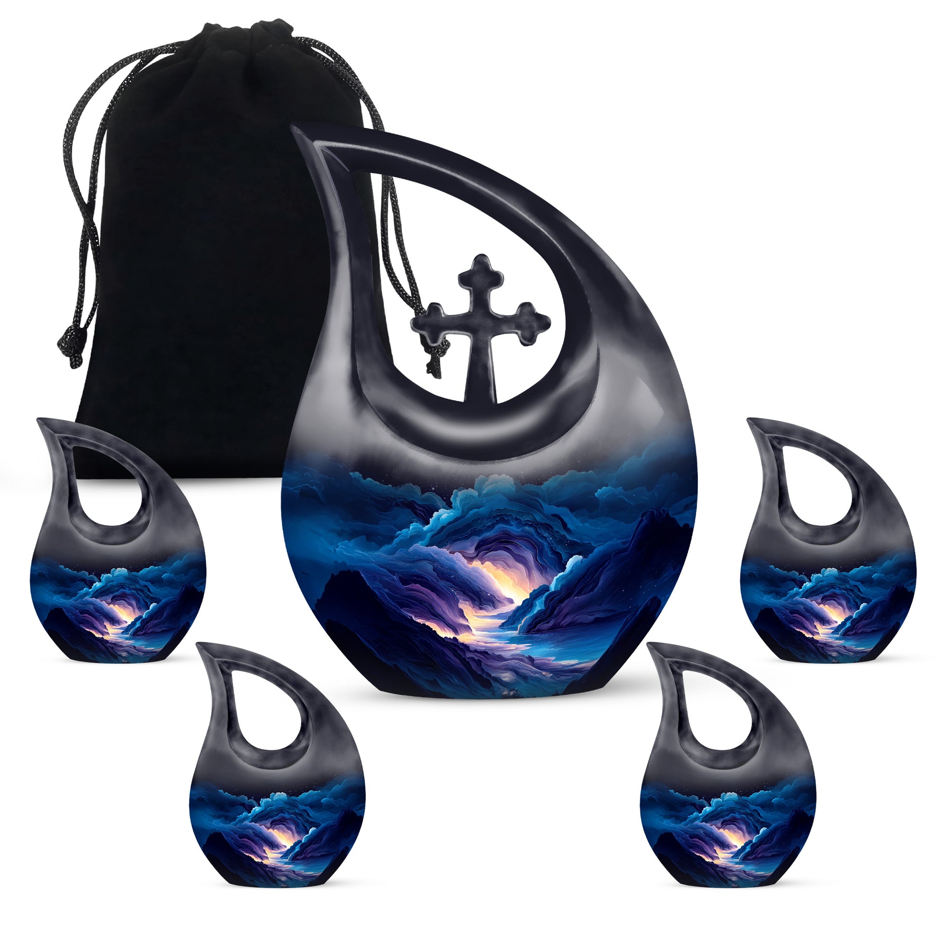 Pastel Blue Blue Cremation Urn urn with complimentary velvet bag - sacred cross merged with blue motif on metal - memorial set with one large and four small urns