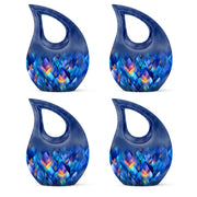 Soft Blue Blue Cremation Urn lifestyle display on memorial shelf - faith-inspired cross-drop urn with blue pattern - 10 inch aluminum urn for cremated remains