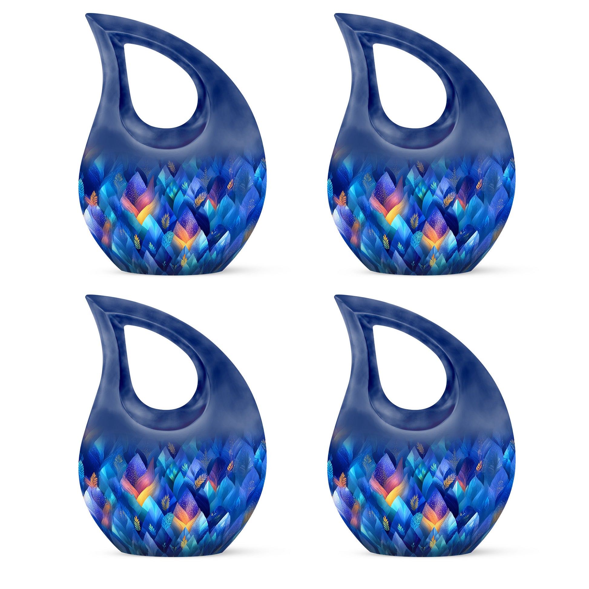 Soft Blue Blue Cremation Urn lifestyle display on memorial shelf - faith-inspired cross-drop urn with blue pattern - 10 inch aluminum urn for cremated remains