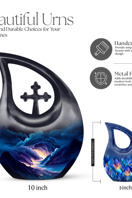Azure Blue Cremation Urn back view with polished surface - cross and blue combined in spiritual memorial design - mini keepsake memorial for portion of cremation ashes
