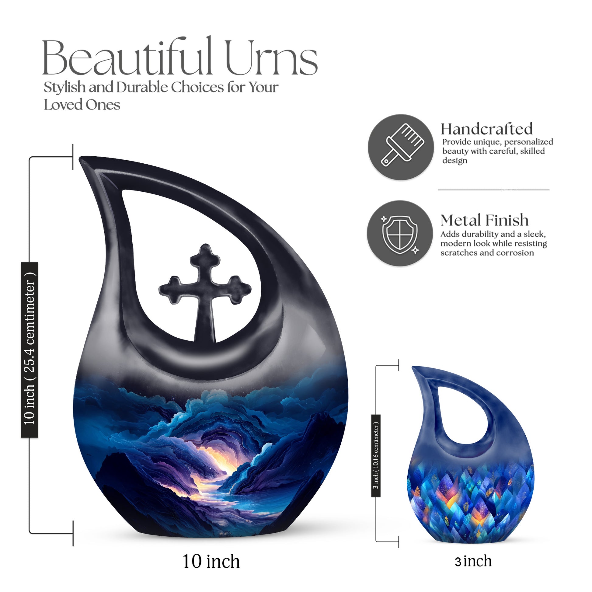 Azure Blue Cremation Urn back view with polished surface - cross and blue combined in spiritual memorial design - mini keepsake memorial for portion of cremation ashes