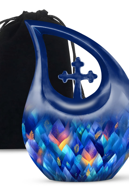 Royal Blue Blue Cremation Urn top-down view of secure threaded lid - devotional cross-drop blue engraving - full-size 10 inch 200 cubic inch adult cremation urn
